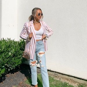 pink and white striped blazer